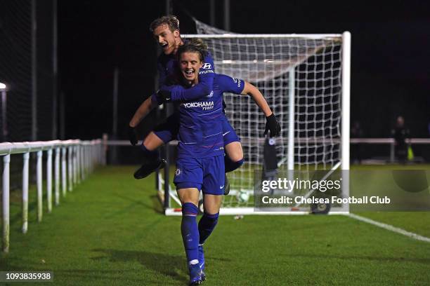 Conor Gallagher of Chelsea celebrates his goal with Charlie Brown of Chelsea during the Derby County v Chelsea Premier League 2 match at the Derby...