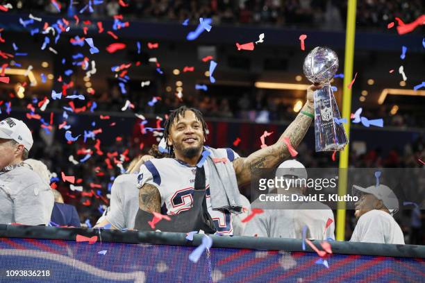 Super Bowl LIII: New England Patriots Patrick Chung victorious with Vince Lombardi Trophy after winning game vs Los Angeles Rams game at...