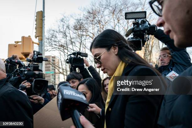 Emma Coronel Aispuro, wife of Joaquin 'El Chapo' Guzman, is surrounded by press as she exits the U.S. District Court for the Eastern District of New...