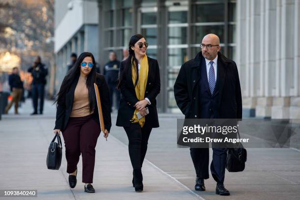 Emma Coronel Aispuro , wife of Joaquin 'El Chapo' Guzman, and Eduardo Balarezo , attorney for Joaquin 'El Chapo' Guzman, exit the U.S. District Court...