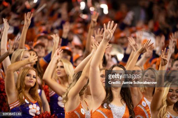 Clemson Tigers cheerleaders cheer against the Alabama Crimson Tide during the College Football Playoff National Championship held at Levi's Stadium...