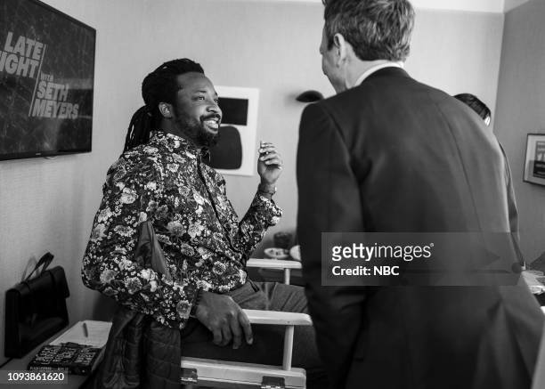 Episode 793 -- Pictured: Writer Marlon James talks with host Seth Meyers backstage on February 4, 2019 --