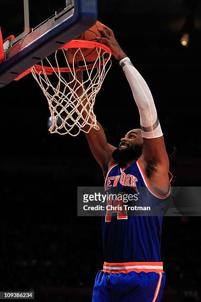 Ronny Turiaf of the New York Knicks dunks the ball against the Milwaukee Bucks at Madison Square Garden on February 23, 2011 in New York City. NOTE...