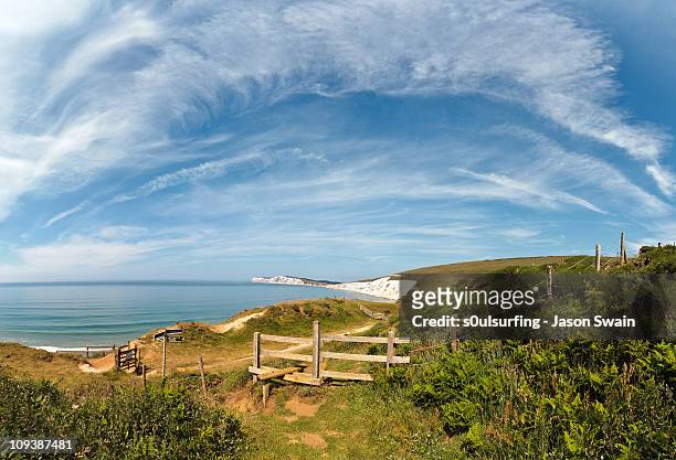 compton bay coastal path cirrus cloud panorama - isle of wight stock pictures, royalty-free photos & images