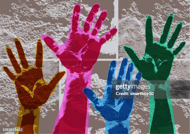 hands reaching over wall - mexico wall stock illustrations