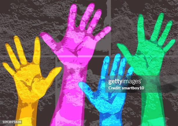 hands reaching over wall - mexico wall stock illustrations