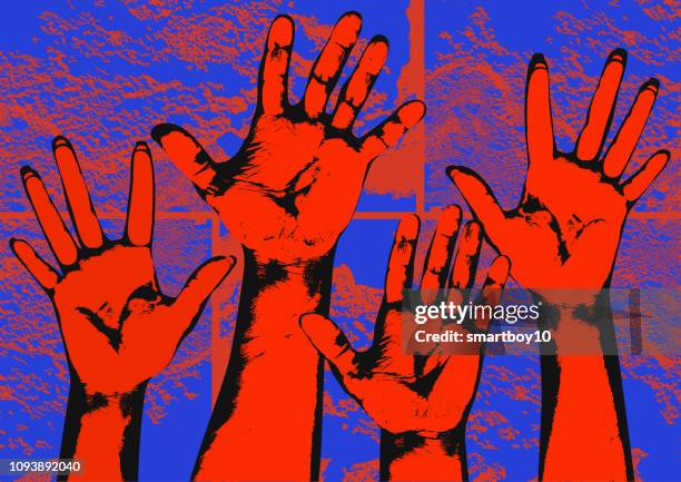 hands reaching over wall - mexico wall stock illustrations