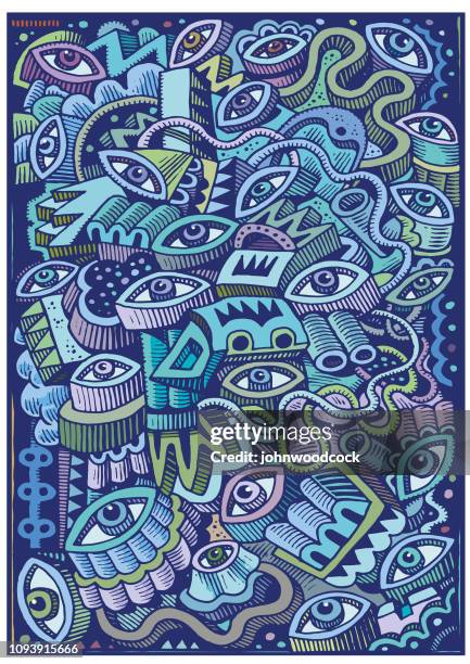 blue eye doodle illustration - abstract eye stock illustrations