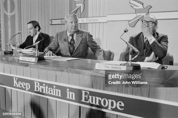 British politicians Jeremy Thorpe , Edward Heath , and Roy Jenkins during a press conference for the 'Keep Britain In Europe' campaign, London, 15th...
