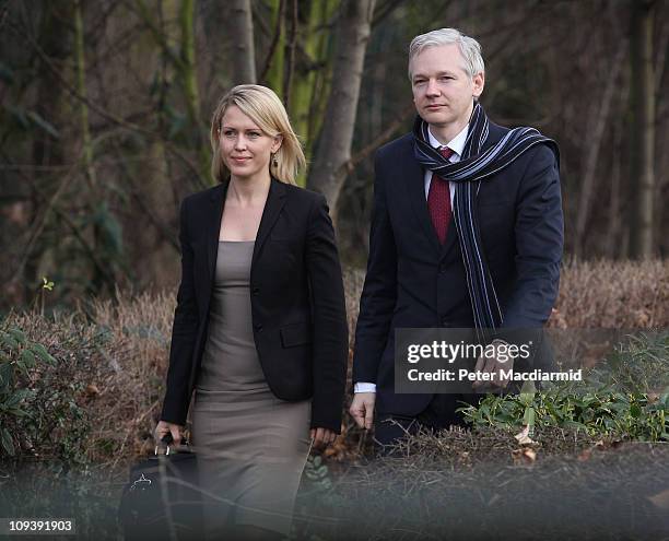 Wikileaks founder Julian Assange walks with lawyer Jennifer Robinson as he arrives at Belmarsh Magistrates' Court on February 24, 2011 in London,...