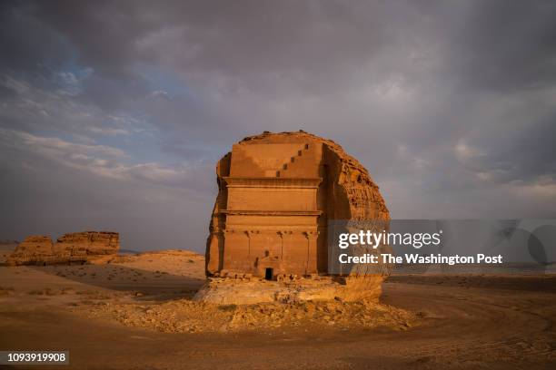 Qasr al-Farid, an unfinished tomb in Madain Saleh that was built by the Nabataean people is seen on Wednesday, September 26 in Al Ula, Al Madinah...