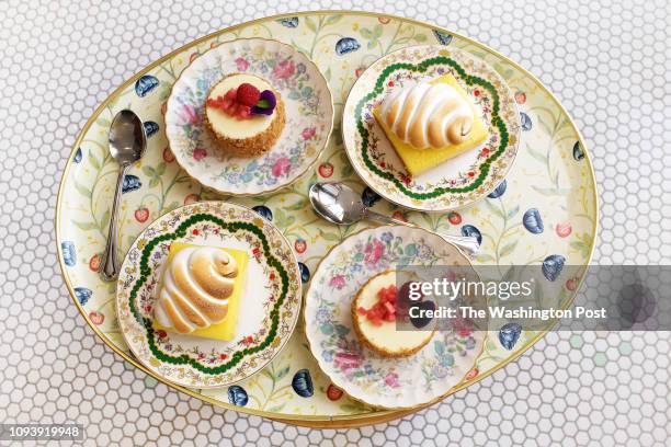 Honey Goat Cheese Cheesecake with Poached Rhubarb and Honey Meringue Lemon Bars at Elle photographed in Washington, DC. .