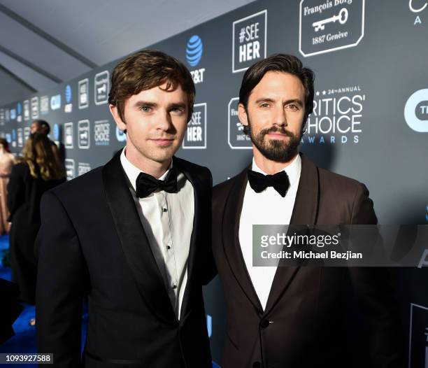 Freddie Highmore and Milo Ventimiglia arrive to Critics Choice Red Carpet Special Celebrity Guests With Host Sam Rubin on January 13, 2019 in Santa...
