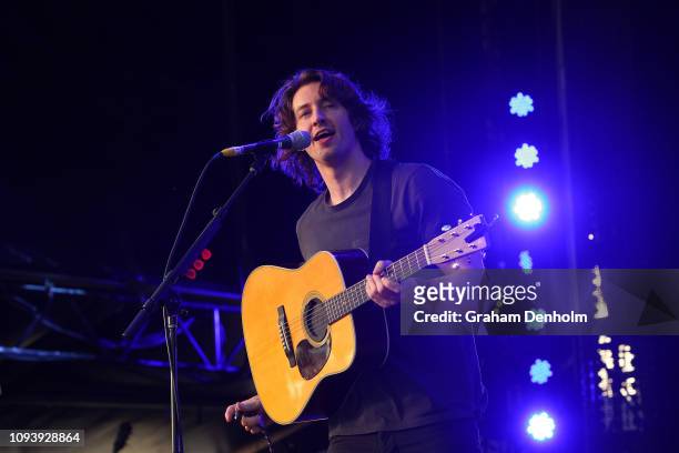 Dean Lewis performs on the AO Live Stage during day one of the 2019 Australian Open at Melbourne Park on January 14, 2019 in Melbourne, Australia.
