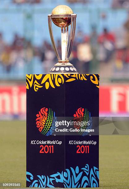 View of the World Cup trophy during the ICC Cricket World Cup match between South Africa and West Indies from Feroz Shah Kotla Stadium on February...