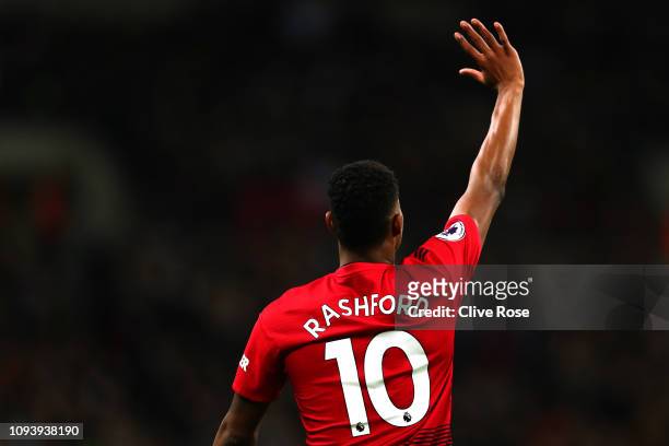 Marcus Rashford of Manchester United gestures during the Premier League match between Tottenham Hotspur and Manchester United at Wembley Stadium on...