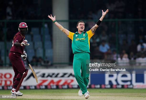 Dale Steyn of South Africa appeals successfully for the wicket of Darren Sammy of the West Indies during the 2011 ICC World Cup Group B match between...