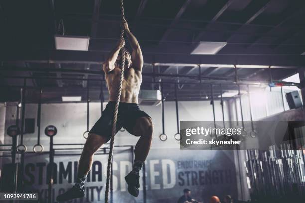 muscular build athlete climbing up the rope in a gym. - endurance training stock pictures, royalty-free photos & images