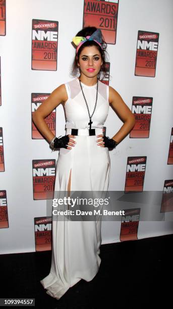 Marina Lambrini Diamandis of Marina And The Diamonds poses in front of the winners boards at the Shockwaves NME Awards 2011 held at the Brixton...