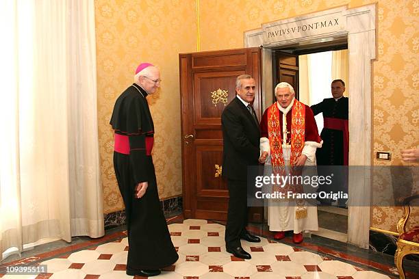 Pope Benedict XVI meets with the President of Lebanon Michel Sleiman at his private library on February 24, 2011 in Vatican City, Vatican.
