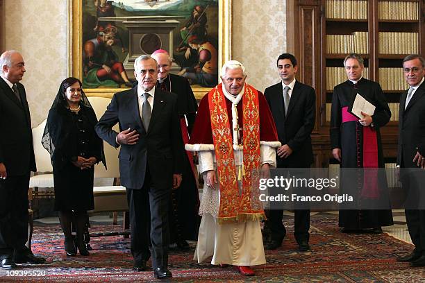 Pope Benedict XVI meets with the President of Lebanon Michel Sleiman and his delegation at his private library on February 24, 2011 in Vatican City,...