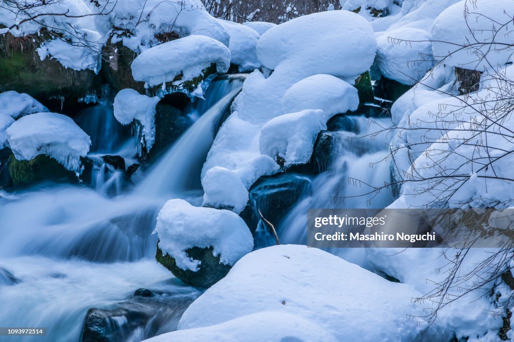 Heisei-no-nagare, Oirase, Japan, in winter (zoomed view)