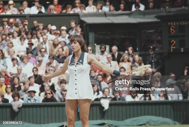 Czech born American tennis player Martina Navratilova pictured in action against Chris Evert in the final of the Ladies' Singles tournament at the...