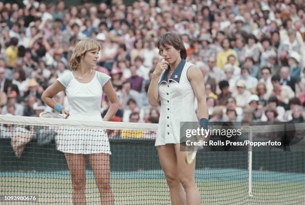 Czech born American tennis player Martina Navratilova pictured on right talking with defeated American tennis player and runner up Chris Evert after...