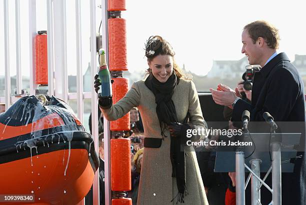 Kate Middleton and Prince William launch the new Hereford Endeavour lifeboat as they visit Trearddur Bay Lifeboat Station at Anglesey on February 24,...