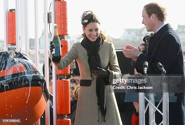 Kate Middleton and Prince William launch the new Hereford Endeavour lifeboat as they visit Trearddur Bay Lifeboat Station at Anglesey on February 24,...