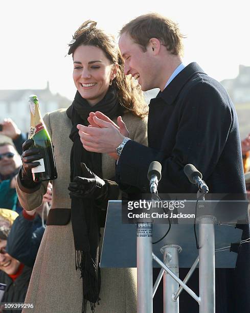 Kate Middleton and Prince William launch the new Hereford Endeavour lifeboat as they visit Trearddur Bay Lifeboat Station at Anglesey on February 24,...