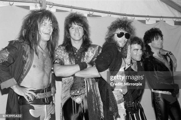 Bon Jovi pictured at Monsters of Rock, Castle Donington. David Bryan, Richie Sambora, Jon Bon Jovi, Tico Torres, and Alec John Such. 22nd August 1987.