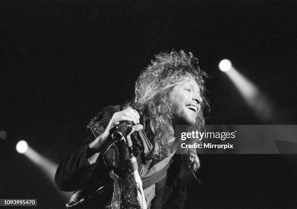 Bon Jovi performing at Monsters of Rock, Castle Donington. Pictured, Jon Bon Jovi. 22nd August 1987.