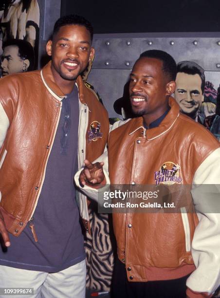 Actor Will Smith and comedian Martin Lawrence present memborabilias from their movie "Bad Boys" to Planet Hollywood on August 28, 1994 at Planet...