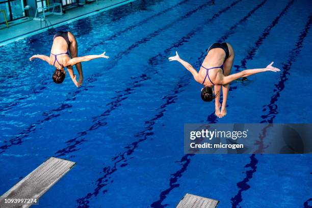 Female Athletes Jumping In Swimming Pool