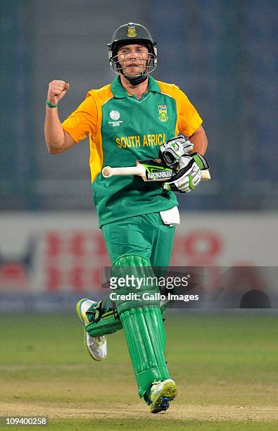 De Villiers of South Africa celebrates victory during the 2011 ICC World Cup Group B match between West Indies and South Africa at Feroz Shah Kotla...