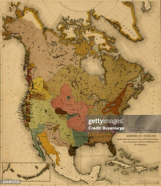 Map shows the spread of various Native American and First Nations languages in North American, 1890.