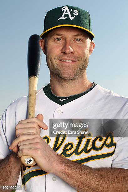 Kevin Kouzmanoff of the Oakland Athletics poses for a portrait during media photo day at Phoenix Municipal Stadium on February 24, 2011 in Phoenix,...