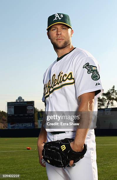 Rich Harden of the Oakland Athletics poses for a portrait during media photo day at Phoenix Municipal Stadium on February 24, 2011 in Phoenix,...