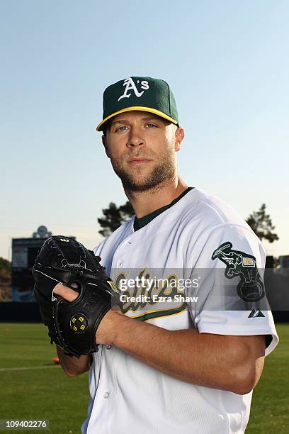 Rich Harden of the Oakland Athletics poses for a portrait during media photo day at Phoenix Municipal Stadium on February 24, 2011 in Phoenix,...