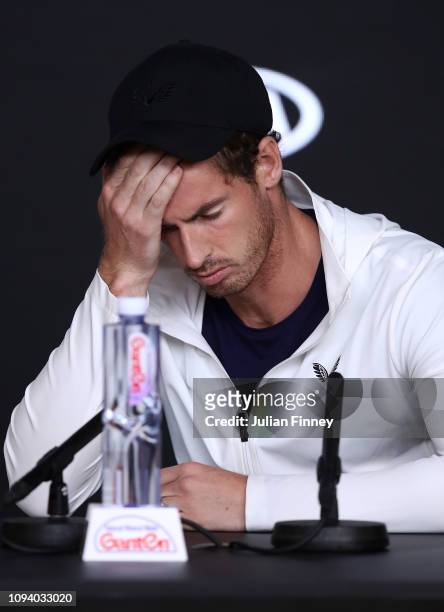 Andy Murray of Great Britain answers questions in a press conference following his first round defeat during day one of the 2019 Australian Open at...