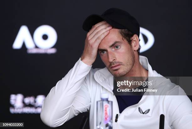 Andy Murray of Great Britain answers questions in a press conference following his first round defeat during day one of the 2019 Australian Open at...