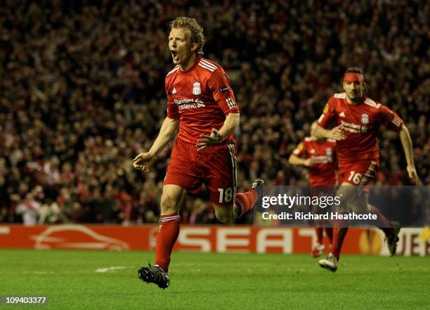 Dirk Kuyt of Liverpool celebrates scoring the winning goal during the UEFA Europa League Round of 32 2nd leg match beteween Liverpool and Sparta...