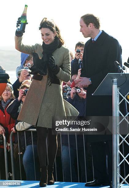 Prince William and Kate Middleton officially launch the new RNLI lifeboat 'Hereford Endeavour' at Trearddur Bay, Anglesey on February 24, 2011 in...