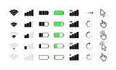 Mobile phone system icons. Wifi signal strength, battery charge level, loading, download, cursor. Vector illustration.