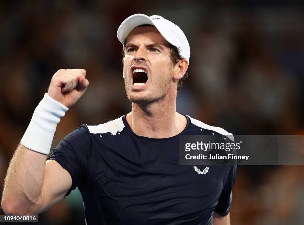 Andy Murray of Great Britain celebrates a point in his first round match against Roberto Bautista Agut of Spain during day one of the 2019 Australian...