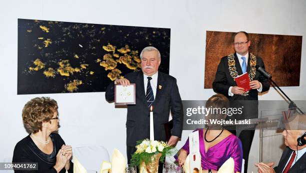 Lech Walesa and Pawel Adamowicz, the mayor of Gdansk, during the 25th anniversary of receiving the Peace Nobel Prize by Lech Walesa in Gdansk, Poland...