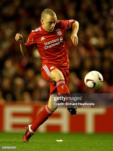 Jay Spearing of Liverpool in action during the UEFA Europa League Round of 32 2nd leg match beteween Liverpool and Sparta Prague at Anfield on...