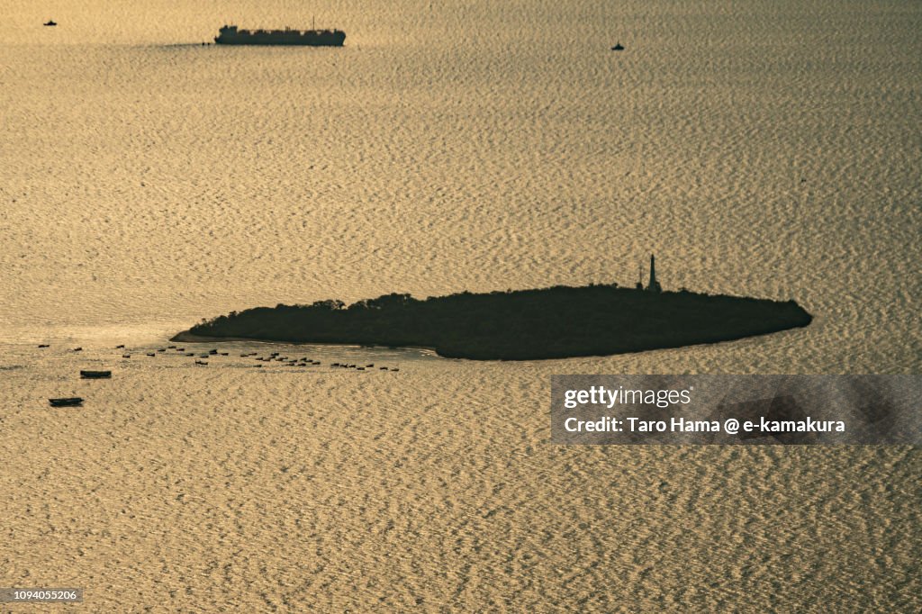 Pulau Damar Besar, Untungjawa Island in Java Sea in Indonesia sunset time aerial view from airplane