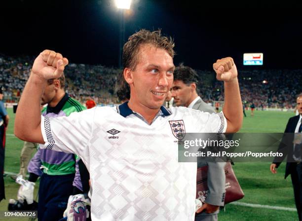 David Platt of England celebrates after the 1990 FIFA World Cup 2nd Round match between England and Belgium at the Stadio Renato Dall'Ara on June 26,...